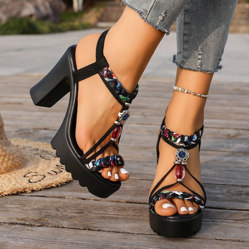 Ethnic Fashion In - Sandalias de Tacón Grueso Estilo Étnico