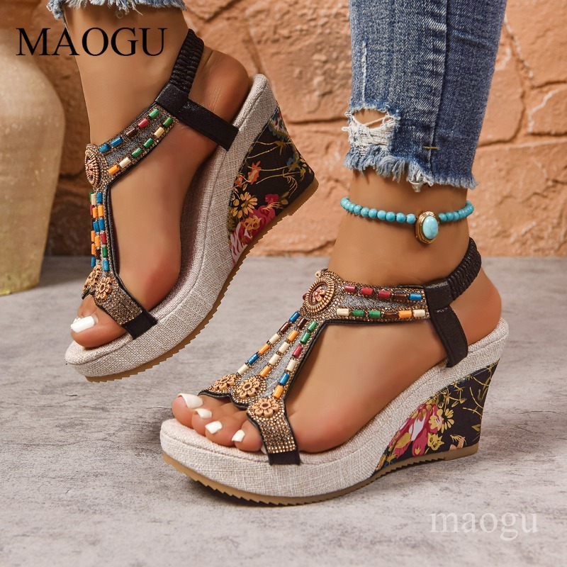 Ethnic Boho Fashion - Sandalias de Plataforma con Cuentas y