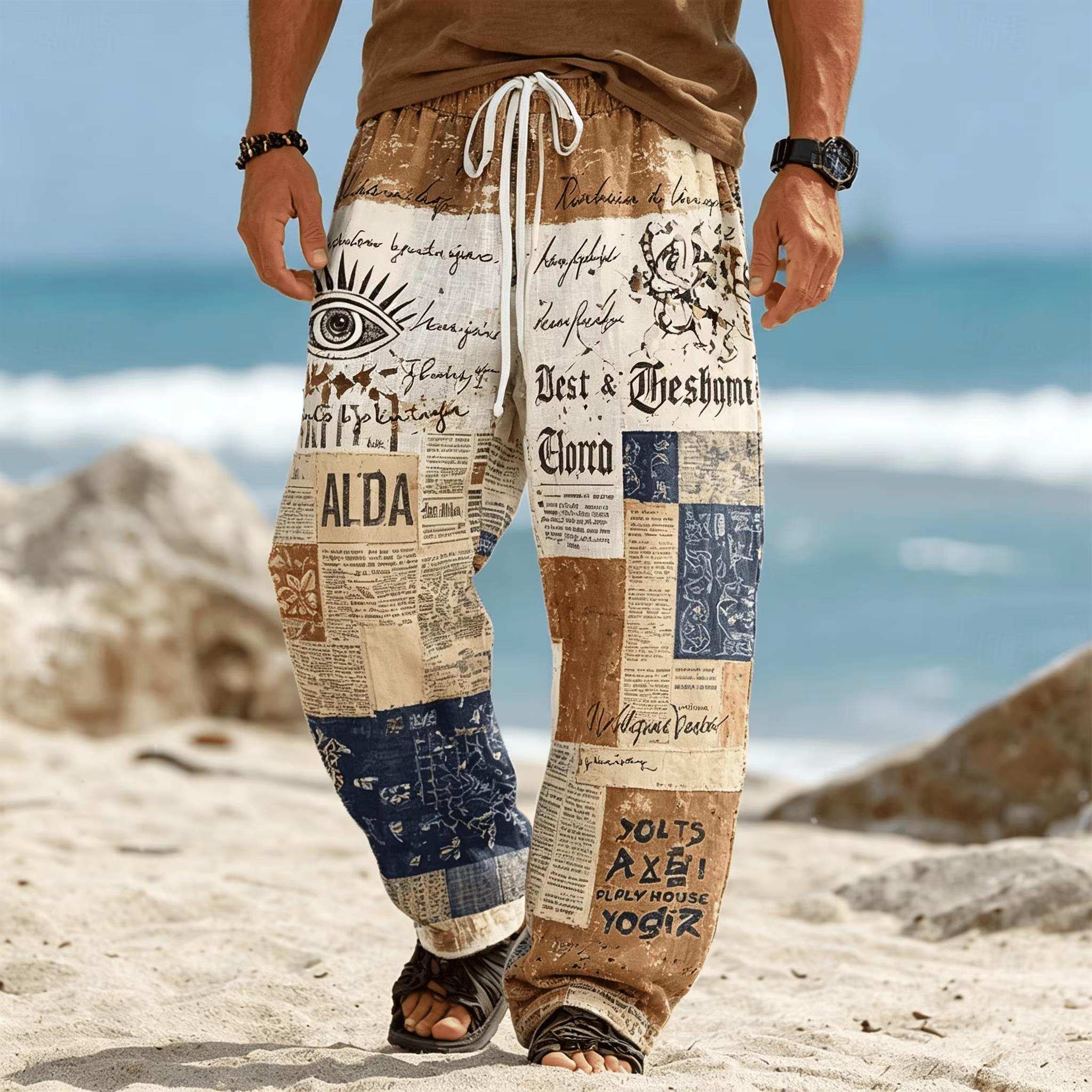 Ethnic Boho Fashion - Pantalones de pierna recta holgados de